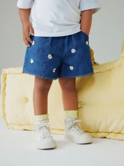 Bleu moyen - Shorts Denim Brodés Daisy (3mois-7ans)