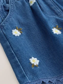 Bleu moyen - Shorts Denim Brodés Daisy (3mois-7ans)