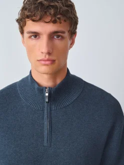 Bleu moyen - Uni - Pull N.Premium Coupe classique 100% Coton Premium à fermeture éclair