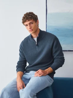 Bleu moyen - Uni - Pull N.Premium Coupe classique 100% Coton Premium à fermeture éclair