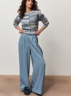 Bleu multicolore - Cardigan à col ras du cou en maille teint par espacement