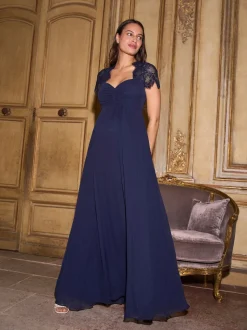 Bleu nuit - Robe haut de gamme en soie à manches Dentelle de maternité Seraphine