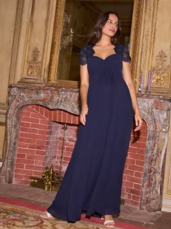 Bleu nuit - Robe haut de gamme en soie à manches Dentelle de maternité Seraphine