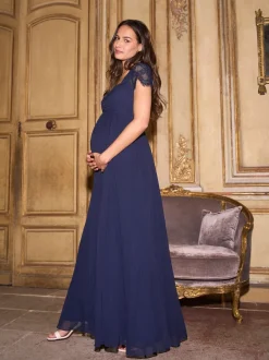 Bleu nuit - Robe haut de gamme en soie à manches Dentelle de maternité Seraphine