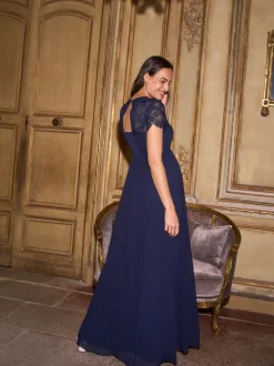 Bleu nuit - Robe haut de gamme en soie à manches Dentelle de maternité Seraphine