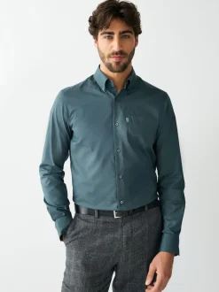 Bleu pétrole - Slim Fit (Slim Fit) - Chemises Oxford boutonnées Easy Iron
