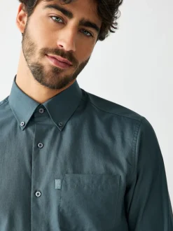 Bleu pétrole - Slim Fit (Slim Fit) - Chemises Oxford boutonnées Easy Iron