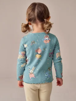 Bleu sarcelle motif fée - T-shirt à manches longues en côtes (3mths-7yrs)