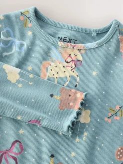 Bleu sarcelle motif fée - T-shirt à manches longues en côtes (3mths-7yrs)