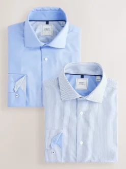 Bleu texturé/rayé - Ajustement régulier - Lot de 2 chemises élégantes faciles d’entretien à manchette simple