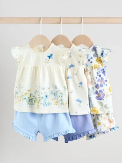 Bleu/blanc à fleurs - Ensemble t-shirt et short à volants bébé 6 pièces (0mois-2ans)