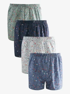 Bleu/Blanc/Vert Fleuri  - Lot de 4 - Boxers purs tissés