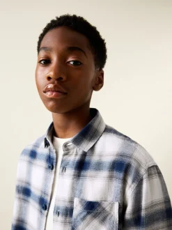 Bleu/Ecru - Chemise à carreaux en coton à manches longues (3-16ans)