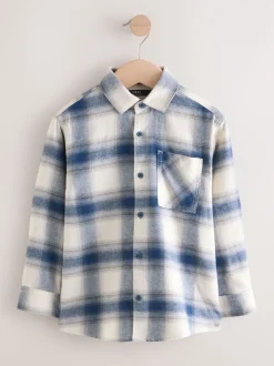 Bleu/Ecru - Chemise à carreaux en coton à manches longues (3-16ans)