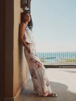 Bleu/Ecru - Pantalons à jambe large à enfiler avec lin