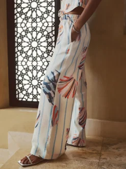 Bleu/Ecru - Pantalons à jambe large à enfiler avec lin