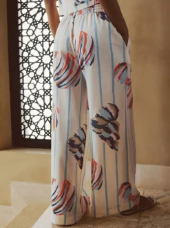 Bleu/Ecru - Pantalons à jambe large à enfiler avec lin