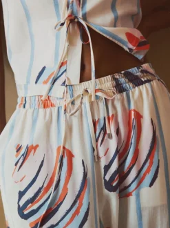 Bleu/Ecru - Pantalons à jambe large à enfiler avec lin