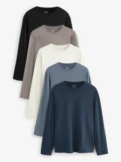 Bleu/Grey/Neutre - Ajustement régulier - T-shirt à coupe classique à manches longues en coton 100 %, lot de 5