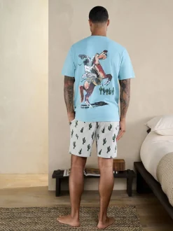 Bleu/Gris - Ensemble pyjama Terry Urban en jersey à manches courtes