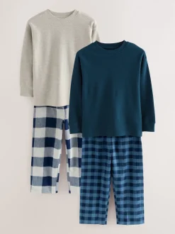 Bleu/Gris - Lot de 2 pyjamas en tissu à carreaux à manches longues (3-16ans)