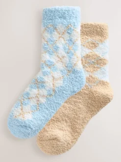 Bleu/Neutre à losanges - Lot de 2 paires de chaussettes douillettes