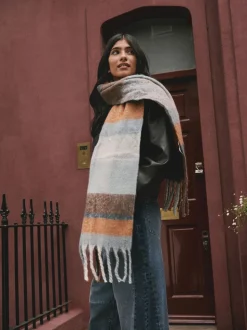 Bleu/Orange - Écharpe couverture brossée épaisse