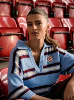 Bleu/Rouge Rayé - Pull polo à manches mi-longues à col ouvert avec laine