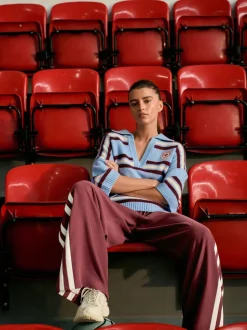 Bleu/Rouge Rayé - Pull polo à manches mi-longues à col ouvert avec laine