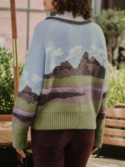 Bleu/vert - Cardigan zippé scène paysage