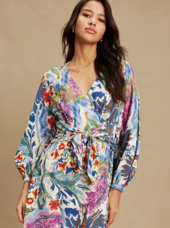 Bleu/Vert Fleuri Imprimé - Robe mi-longue à manches longues ceinturée à la taille