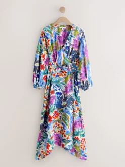 Bleu/Vert Fleuri Imprimé - Robe mi-longue à manches longues ceinturée à la taille