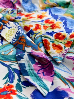 Bleu/Vert Fleuri Imprimé - Robe mi-longue à manches longues ceinturée à la taille