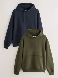 Bleu/vert kaki - Lot de 2 sweats à capuche en jersey riche en coton