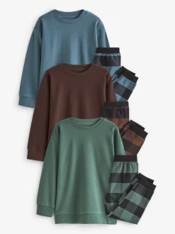Bleu/Vert/Brun - Lot de 3 pyjamas tissés à carreaux (3-16ans)