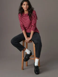 Bordeaux rouge rayé - T-shirt à manches longues de cou d'équipage