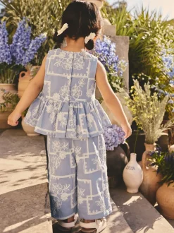 Brodé bleu/écru - Ensemble Chemisiers et Pantalons (3mths-8yrs)