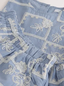 Brodé bleu/écru - Ensemble Chemisiers et Pantalons (3mths-8yrs)
