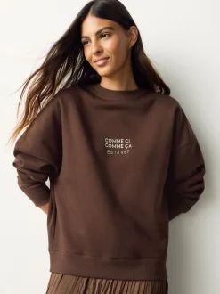 Broderie marron chocolat - Sweat-shirt 2en1 avec jupe mi-longue en satin