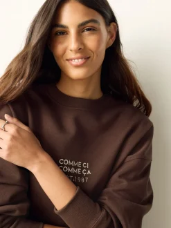 Broderie marron chocolat - Sweat-shirt 2en1 avec jupe mi-longue en satin