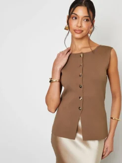 Brun clair - Gilet Threadbare en maille côtelée