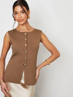 Brun clair - Gilet Threadbare en maille côtelée