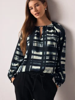 Carreaux bleu marine/écru - Chemisier décontracté à manches longues avec trou de serrure