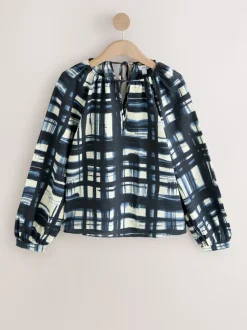 Carreaux bleu marine/écru - Chemisier décontracté à manches longues avec trou de serrure