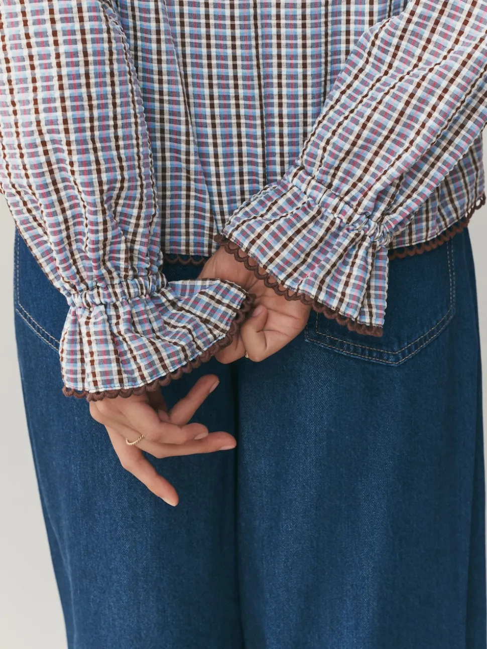 Carreaux bleux/marron - Chemisier à manches longues et col oversize