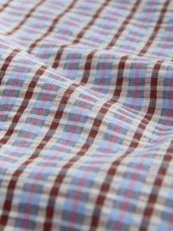 Carreaux bleux/marron - Chemisier à manches longues et col oversize