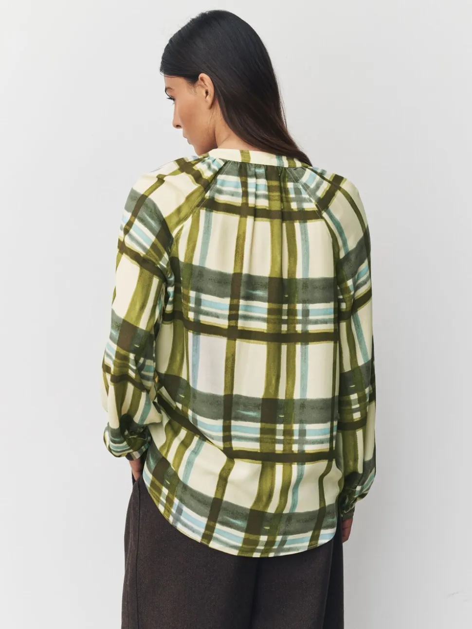 Carreaux vert/écru - Chemisier manches longues à col V