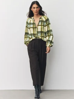 Carreaux vert/écru - Chemisier manches longues à col V