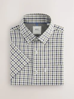 Carreaux Vichy bleu marine/neutre - Chemise Oxford Easy Iron boutonnée à manches courtes