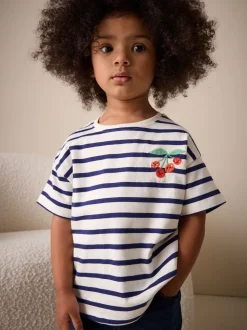 Cerise Écru/Bleu marine Rayure - T-shirt brodé à manches courtes (3mois à7ans)